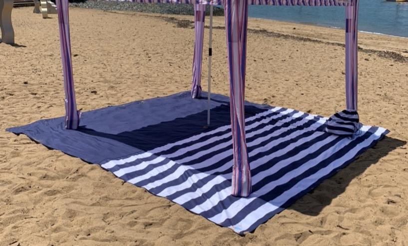 3.3m x 3.3m Navy Stripe Beach Mat with Hole + Beach Bag