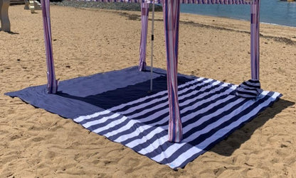 3.3m x 3.3m Navy Stripe Beach Mat with Hole + Beach Bag